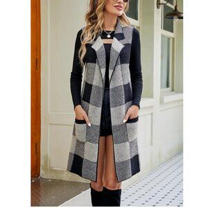 Open Front Knit Cardigan Jacket Plaid Blazer Vest S Sleeveless Jacquard Long